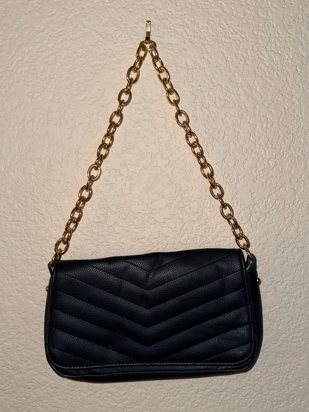 Black Quilted Shoulder Bag with Gold Chain Strap
